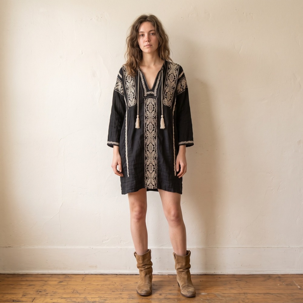 Isabel Marant Etoile Womens Vinny Tunic Dress 38 Black Embroidered Tassel Boho